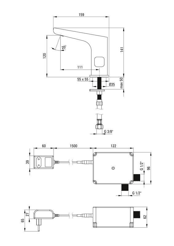 Detail-Deante Hiacynt Badezimmer Berührungslose Waschbeckenarmatur mit Temperaturregelung, Batterie- oder Netzbetrieb