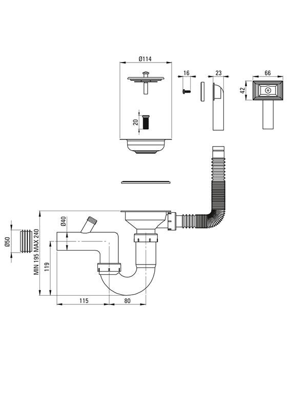Detail-Deante Siphon für Stahlspülbecken, 1 Becken mit Überlauf im Becken (Modellnummer: ZXY_9926)
