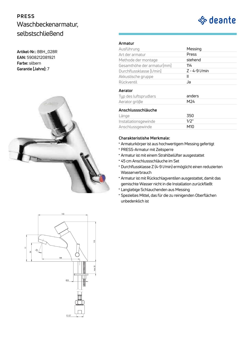 Deante Press Badezimmer Waschbecken Selbstschließende Waschbeckenarmatur, temporär, mit Temperaturregelung BBH_028R