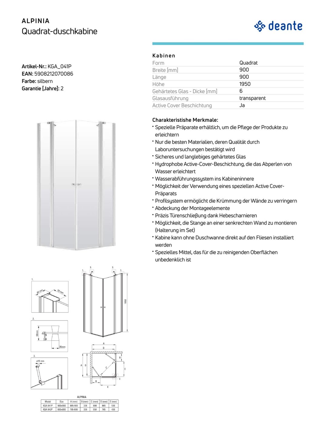 Deante Alpinia Badezimmer Duschkabinen Quadratische und rechteckige Quadratt-duschkabine, 90x90 cm KGA_041P