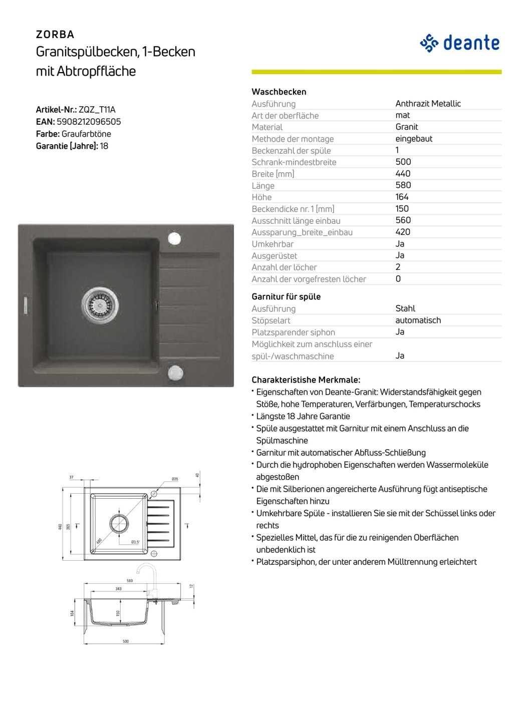 Deante Zorba GranitSpülen für einen 50 cm Schrank , 1-Becken mit Abtropffläche ZQZ_T11A
